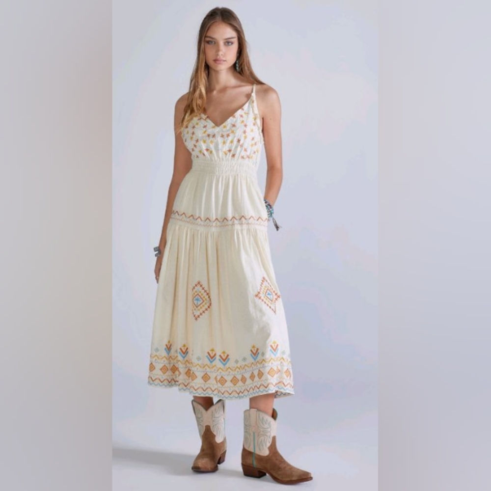 FAIRY  ROMANTIC EMBROIDERED MIDI DRESS COASTAL COWGIRL WESTERN DANCE SWING